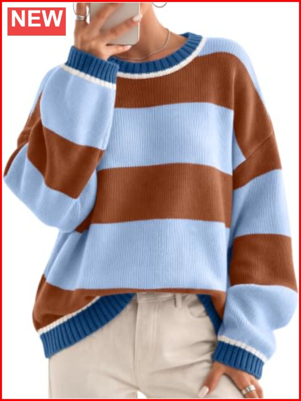 Oversized Striped Crewneck Knit Pullover Sweater Cotton Blend